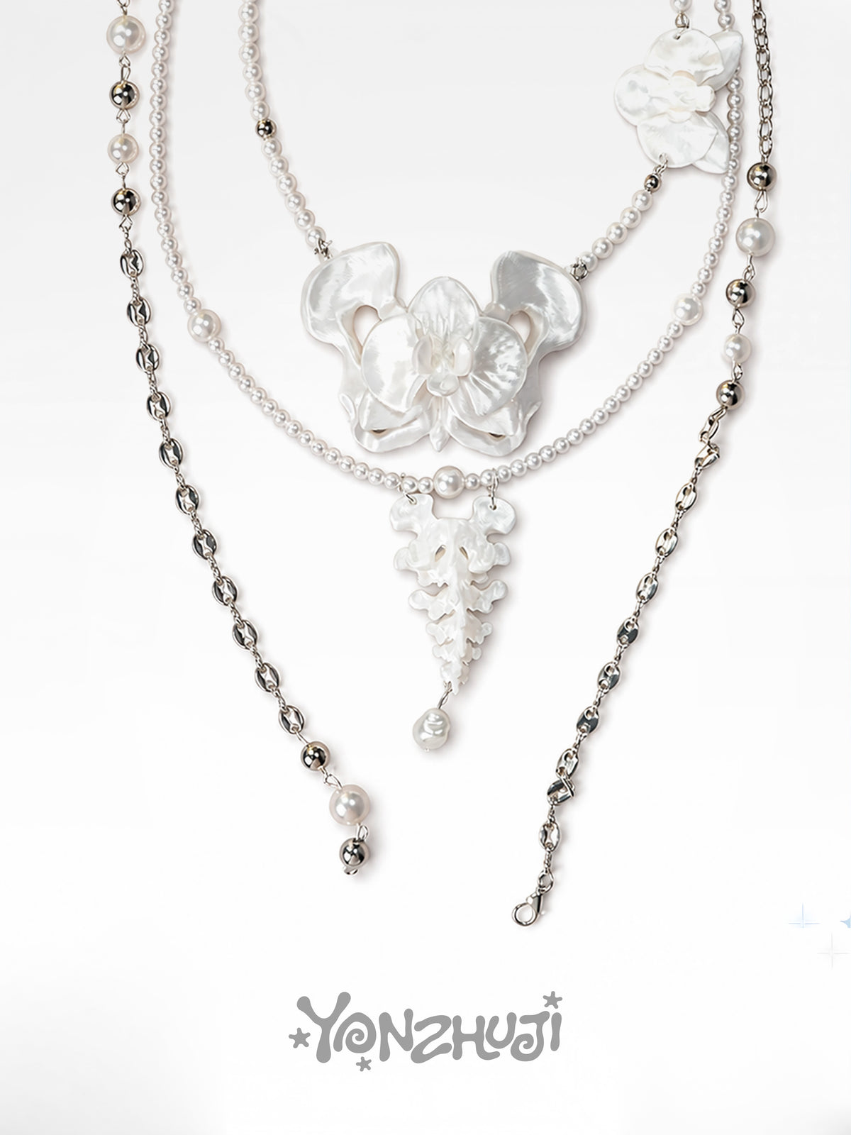 YANZHUJI | Phalaenopsis Orchid 3D-Printed Multi-Layer Stackable Chain Jewelry Necklace - Handcrafted Beads, Versatile, Photogenic Fashion Costume Accessory with Artisanal Imperfections