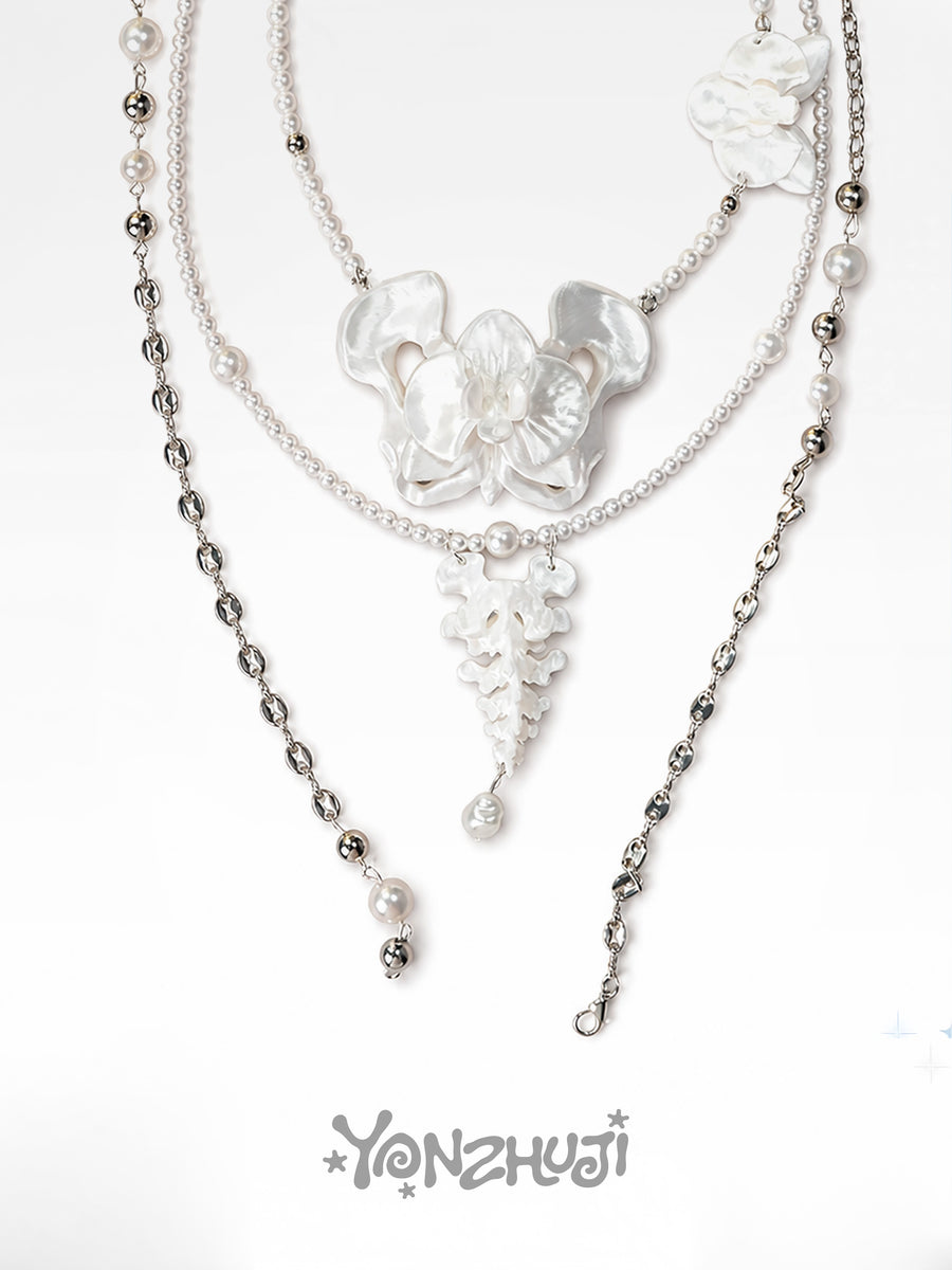 YANZHUJI | Phalaenopsis Orchid 3D-Printed Multi-Layer Stackable Chain Jewelry Necklace - Handcrafted Beads, Versatile, Photogenic Fashion Costume Accessory with Artisanal Imperfections
