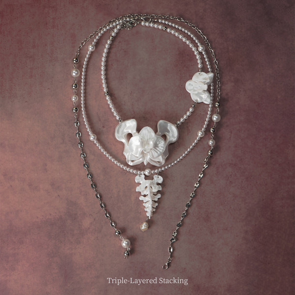 YANZHUJI | Phalaenopsis Orchid 3D-Printed Multi-Layer Stackable Chain Jewelry Necklace - Handcrafted Beads, Versatile, Photogenic Fashion Costume Accessory with Artisanal Imperfections