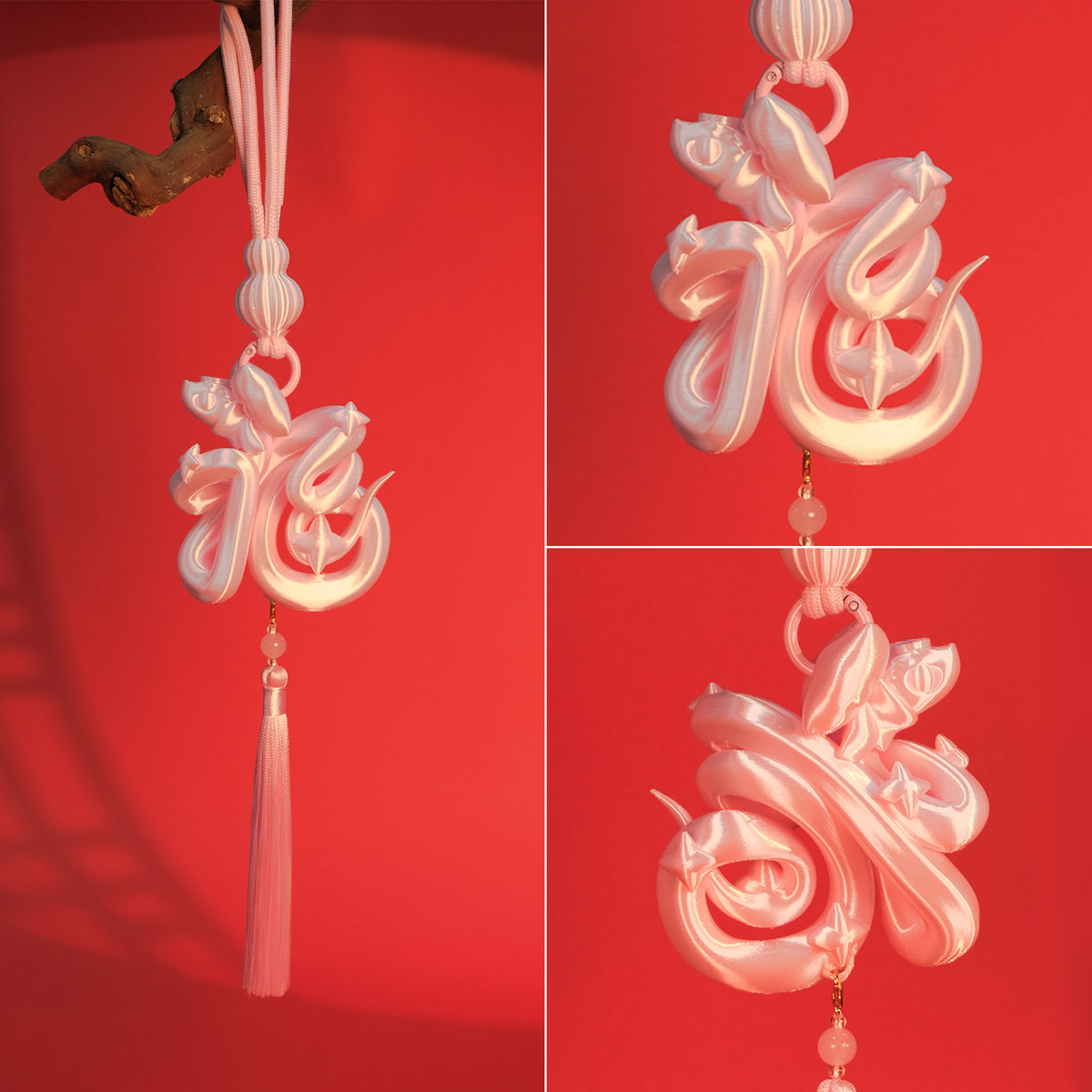 YANZHUJI | Year of the Snake: Pink 3D-Printed Lucky Serpent Pendant - Personalized Chinese Festival (Multi-use: Door/Keychain/Bag Charm)