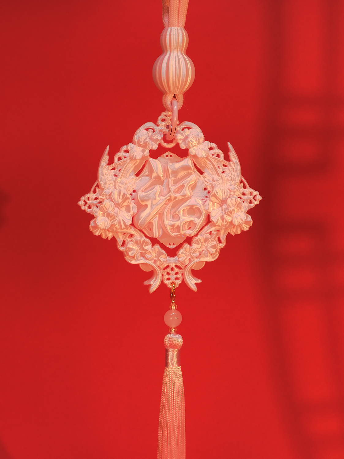 YANZHUJI | New Year Floral Blessing Pendant - Pink 3D-Printed Fu Character Ornament for Lantern Festival (Multi-use: Door/Keychain/Bag Charm)