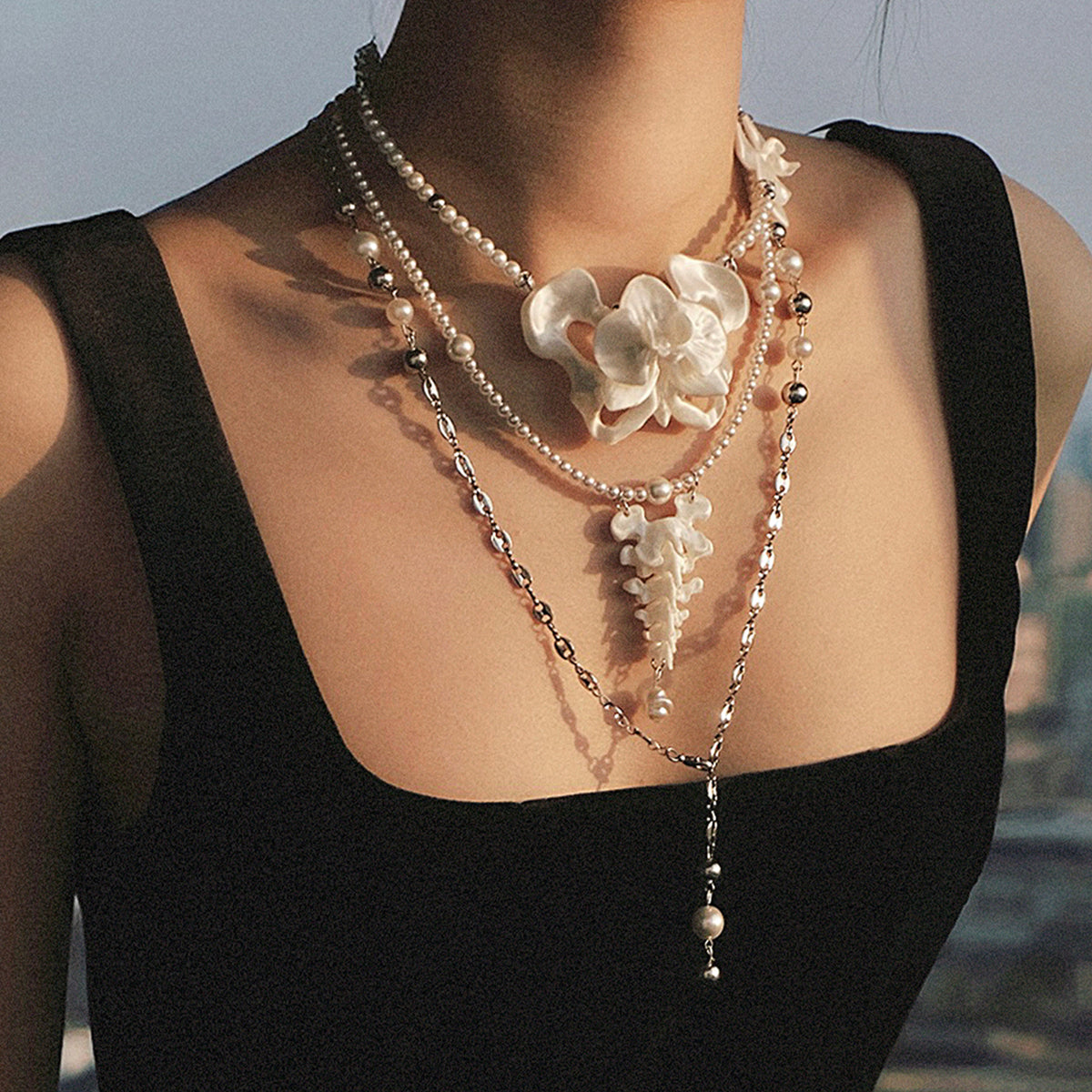 YANZHUJI | Phalaenopsis Orchid 3D-Printed Multi-Layer Stackable Chain Jewelry Necklace - Handcrafted Beads, Versatile, Photogenic Fashion Costume Accessory with Artisanal Imperfections