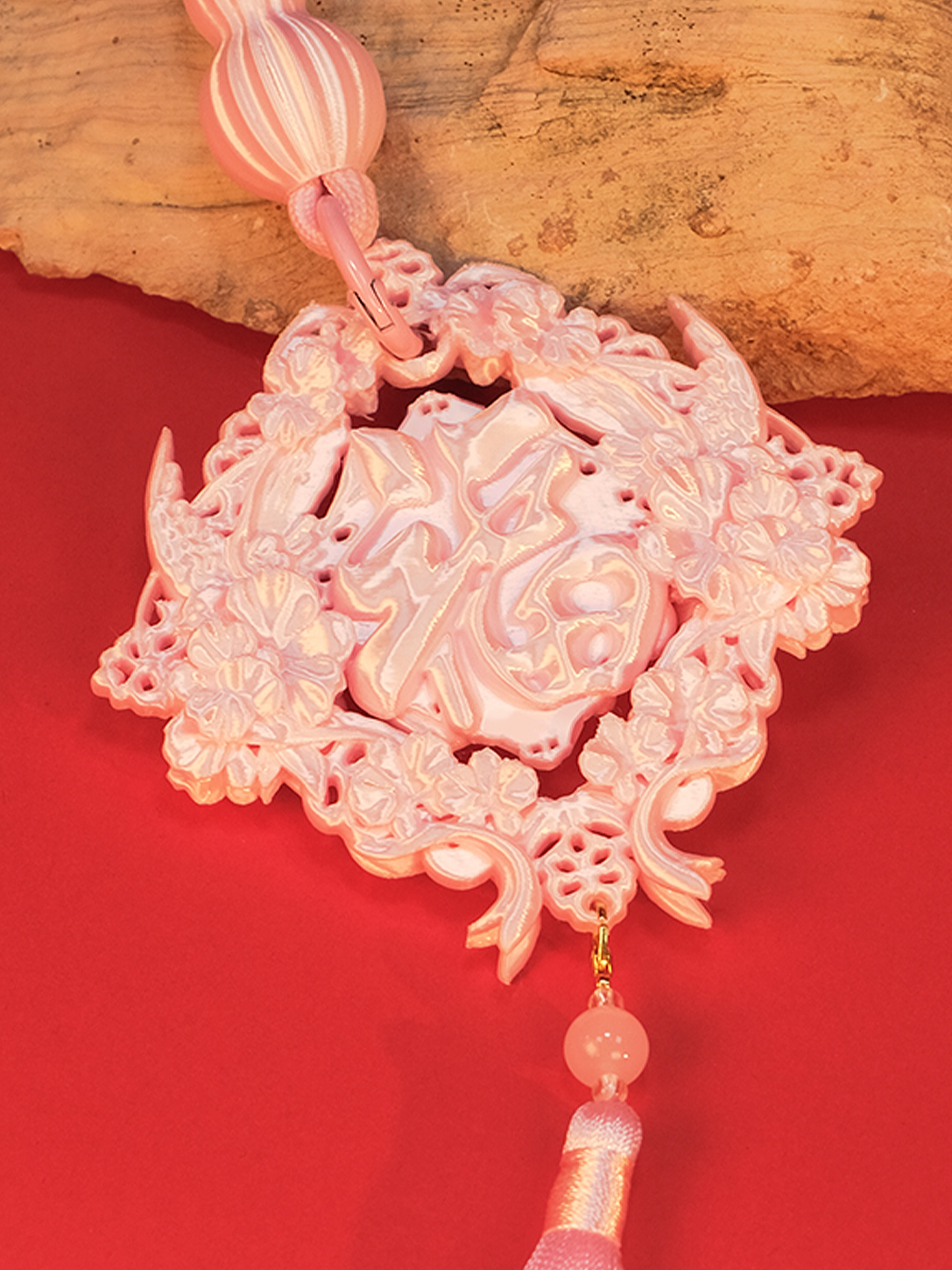 YANZHUJI | New Year Floral Blessing Pendant - Pink 3D-Printed Fu Character Ornament for Lantern Festival (Multi-use: Door/Keychain/Bag Charm)